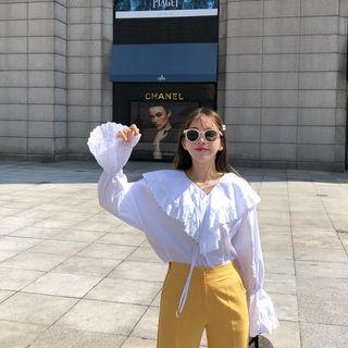 Tie-neck Lace-trim Ruffled Top Ivory - One Size