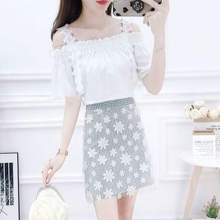 Set: Cold-shoulder Top + Mini Plaid Mesh Skirt