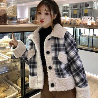 Cropped Fleece Trim Plaid Jacket