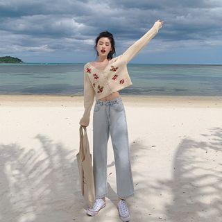 Flower Embroidered Cardigan / Cropped Straight-fit Jeans