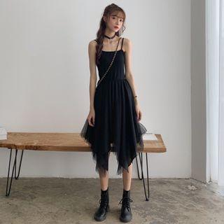 Irregular Hem Spaghetti Strap Midi A-line Dress Black - One Size