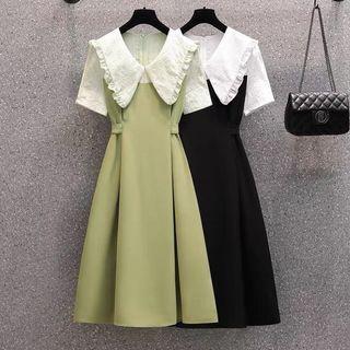 Peter Pan-collar Ruffle Trim Panel Short-sleeve Plain Dress