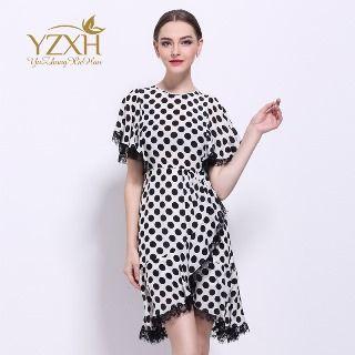 Short-sleeve Lace-trim Dotted Dress