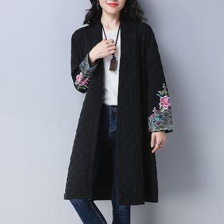 Embroidered Open Front Long Jacket