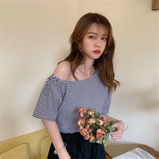 Puff-sleeve Plaid Cold-shoulder Top