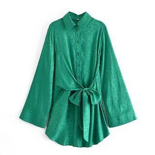 Bell-sleeve Ribbon Tie-waist Mini A-line Dress