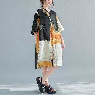 Elbow-sleeve Print Shirt Dress