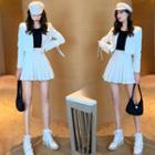 Set: Crop Blazer + Pleated Skirt Set - Stripes - White - One Size