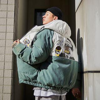 Colorblock Printed Hooded Padded Coat