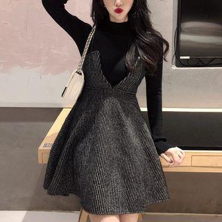 Mock Turtleneck Long-sleeve Top / Spaghetti Strap Mini A-line Dress