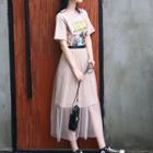 Set: Printed Short Sleeve T-shirt Dress + Mesh Midi Skirt