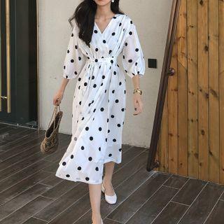 Balloon-sleeve V-neck Dotted Midi A-line Dress