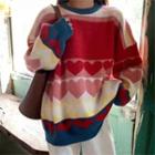 Color Block Heart Print Sweater Red & Blue & Almond - One Size