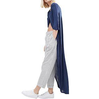 Elbow-sleeve Open Front Long T-shirt