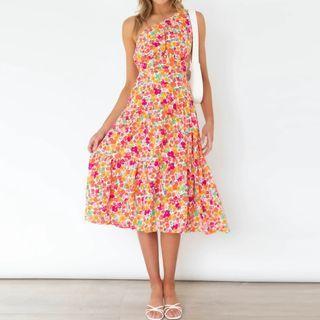 Sleeveless One-shoulder Floral Print Midi Sundress