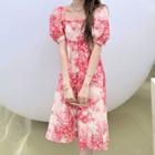 Puff-sleeve Flower Print Midi A-line Dress Pink & White - One Size