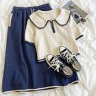 Short-sleeve Contrast Trim Peter Pan Collar Half Zip Top / Drawstring Slit Skirt