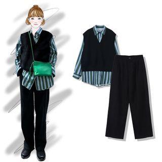 Striped Shirt / Knit Vest / Corduroy Straight-leg Pants
