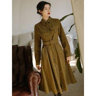 Corduroy Belted Midi A-line Shirtdress