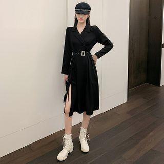 Plain Collared Slit Midi A-line Dress