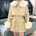 Furry-trim Stand Collar Padded Coat Off-white - One Size