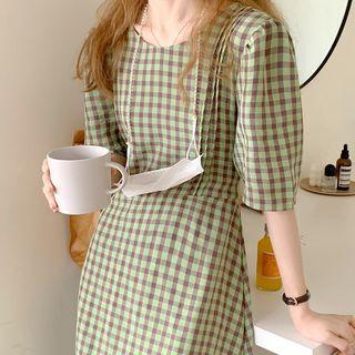 Short-sleeve Check Dress As Figure - One Size