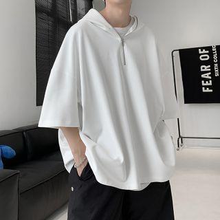 Elbow-sleeve Zip Hooded T-shirt