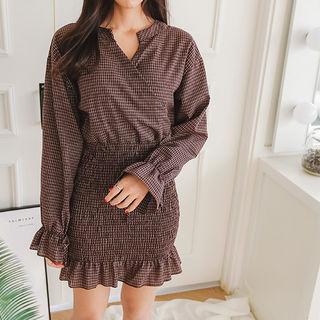 Tie-cuff Smocked-hem Check Minidress