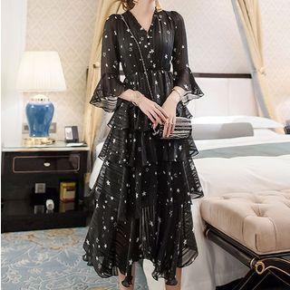 Star 3/4-sleeve Tiered Midi Dress