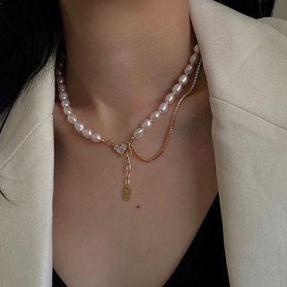 Heart Rhinestone Pendant Faux Pearl Layered Choker Gold - One Size