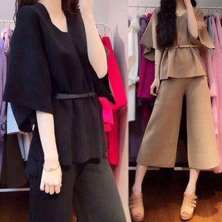 Set: Elbow-sleeve V-neck Top + Cropped Wide-leg Pants