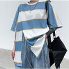 Side-slit Striped Elbow-sleeve T-shirt