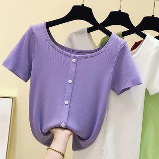 Plain Short-sleeve Button Knit Top