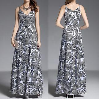 Spaghetti-strap V-neck Zebra Print Evening Gown