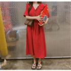 Elbow-sleeve A-line Midi Dress Red - One Size