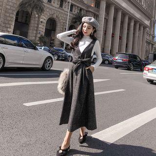 Mock-neck Long-sleeve Knit Top / Tie Waist A-line Midi Jumper Dress / Set