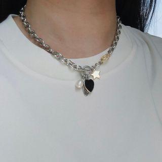 Faux Pearl Heart Star Pendant Alloy Necklace 1 Pc - Silver - One Size