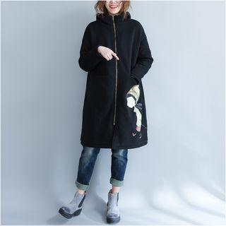 Printed Hooded Zip Coat Black - One Size