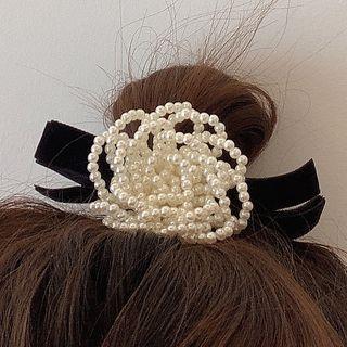 Flower Faux Pearl Hair Tie White & Black - One Size
