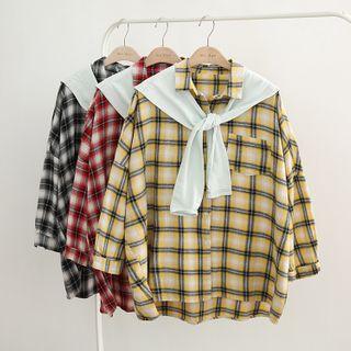 Set: Long-sleeve Plaid Shirt + Cape