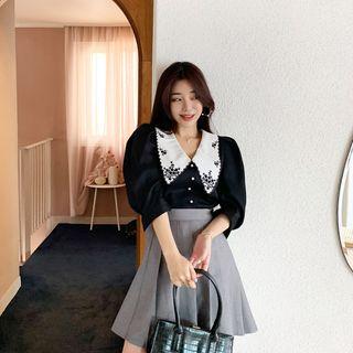 Embroidered Collar Puff-sleeve Blouse