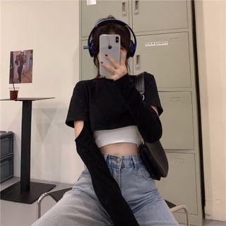 Set: Camisole Top + Long-sleeve Elbow-cutout Crop T-shirt