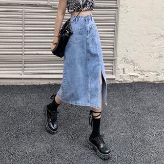 Slit-hem Washed Midi A-line Skirt