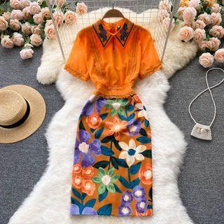 Print Color Block Panel Chiffon Short-sleeve Dress