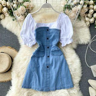 Square-neck Puff Short-sleeve Denim Dress