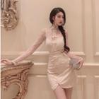 Set: Long-sleeve Traditional Chinese Lace Top + Mini Fitted Skirt + Camisole Top