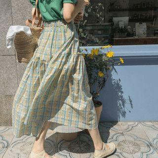 Plaid Flared Tiered Long Skirt Mint Green - One Size