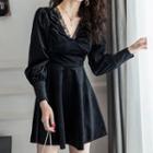 Lace Trim Long-sleeve A-line Mini Velvet Dress