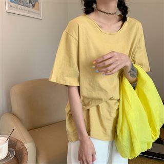 Over Size Round Collar Plain Short-sleeved Top