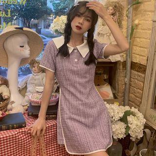 Short-sleeve Contrast Collar Plaid Mini A-line Dress